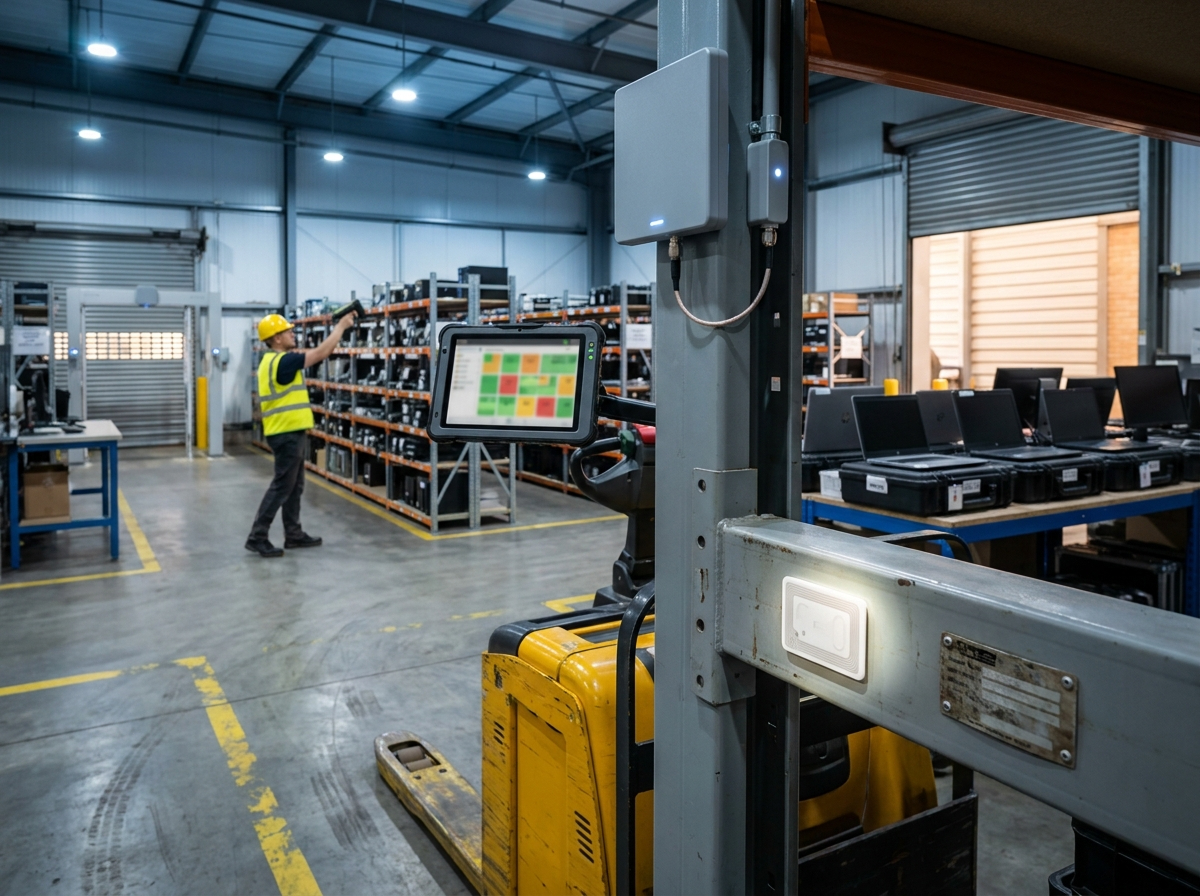 RFID asset tracking â€” tagged equipment in warehouse