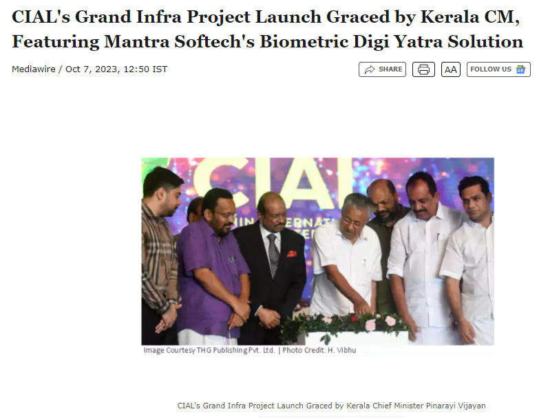 Mantra's Biometric DigiYatra Solution in CIAL Infra Project