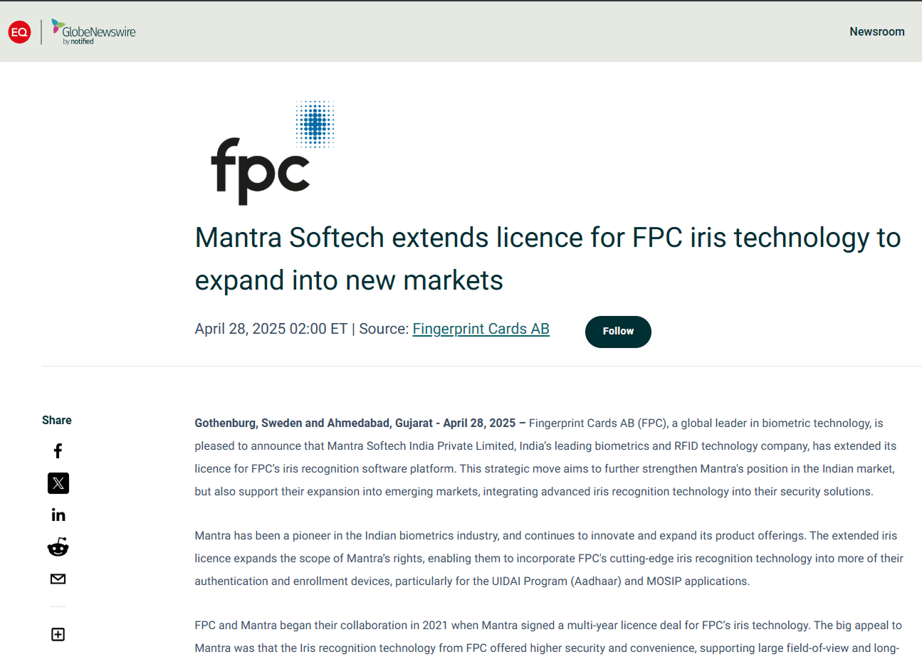 Mantra Softech extends licence for FPC iris technology