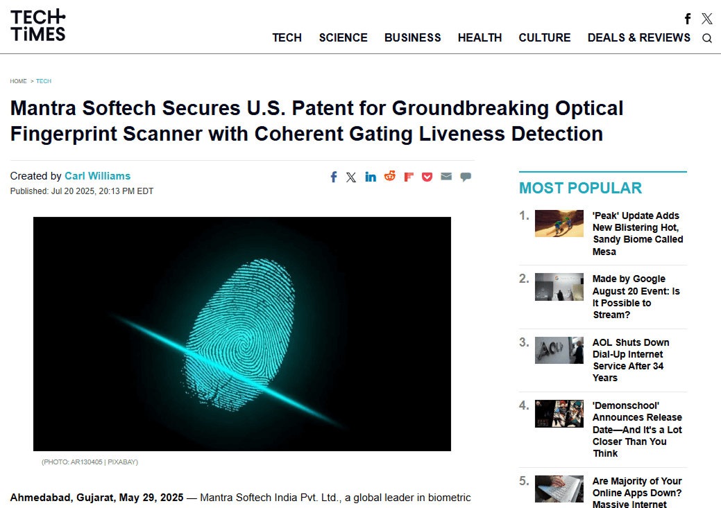 Mantra Softech secures US patent for optical fingerprint scanner